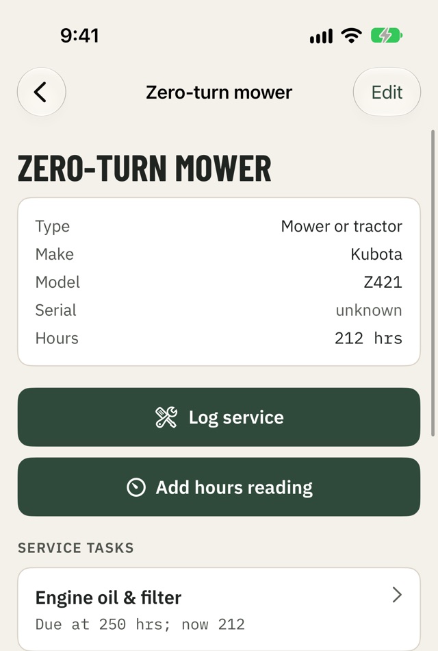 A sample zero-turn mower's page: its details and service tasks, with engine oil due at 250 hours