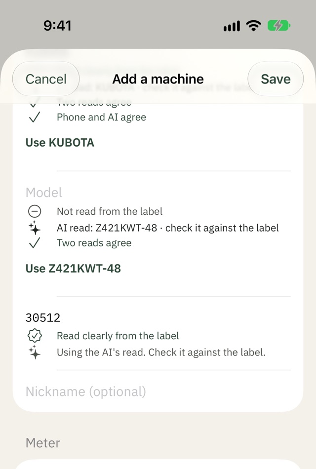 The add-a-machine form after scanning a sample label, showing the AI's suggested model to check against the label