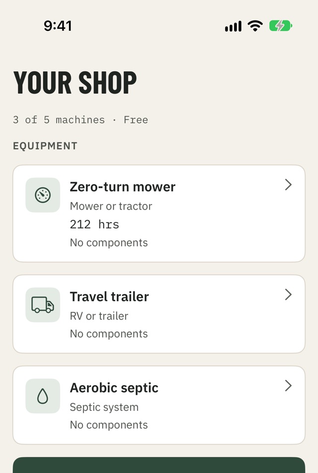 Your shop: three sample machines, a zero-turn mower at 212 hours, a travel trailer and an aerobic septic system